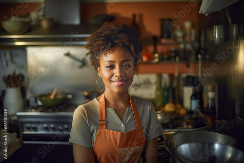Generative AI illustration of black waitress in apron waiting in a restaurant kitchen while looking at the camera against a blurred background