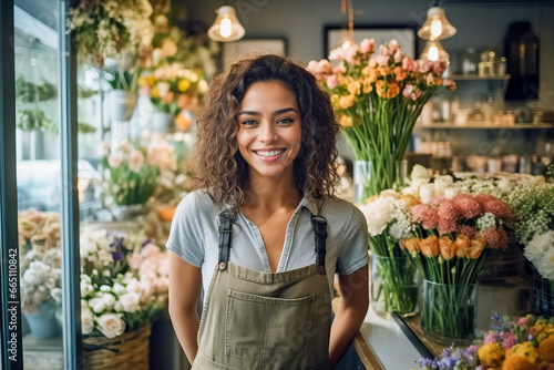 Generative AI image of smiling young female florist in apron looking at camera while standing near bouquets of various fresh flowers in blurred shop photo