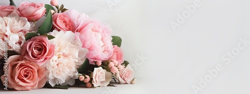 Fresh bunch of pink peonies and roses with copy space. © Emran