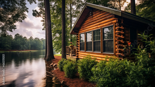 A rustic fishing cabin nestled on the shores of a tranquil lake, showcasing the beauty of a fishing retreat