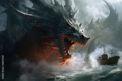A fierce dragon wreaking havoc on a helpless boat in the vast ocean