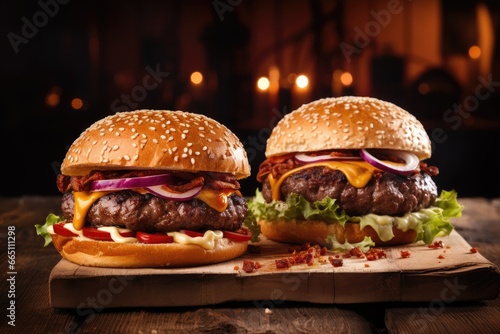 Delicious homemade hamburgers on a rustic wooden cutting board
