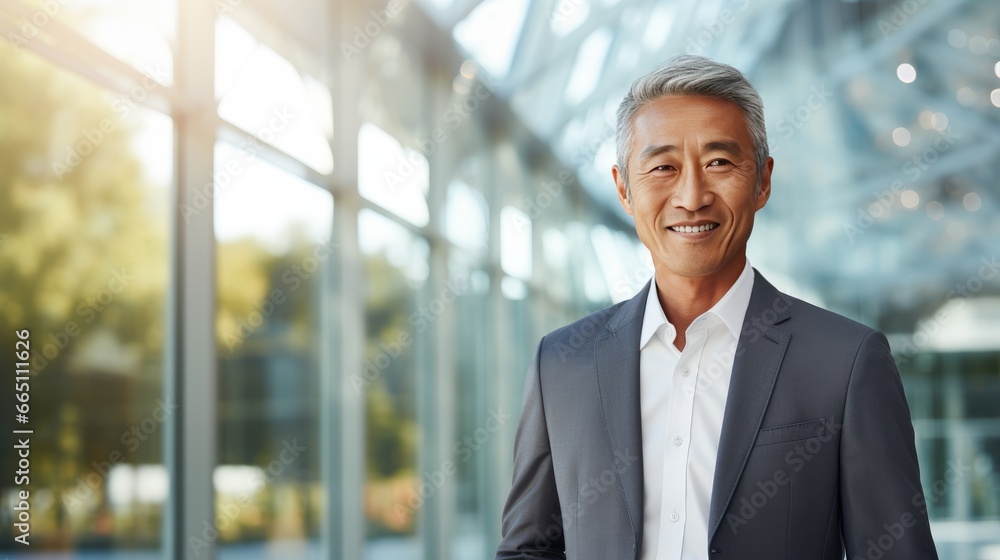 Portrait of a senior Asian businessman in front of a modern corporate glass building Portrait of a senior Asian businessman in front of a modern corporate glass building