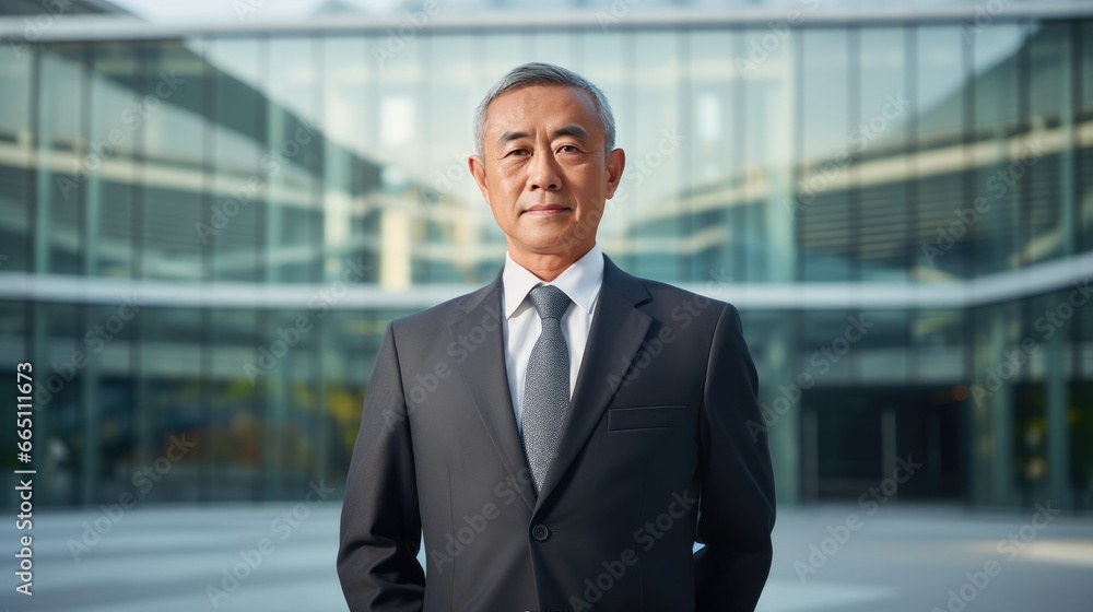 Portrait of a senior Asian businessman in front of a modern corporate glass building Portrait of a senior Asian businessman in front of a modern corporate glass building