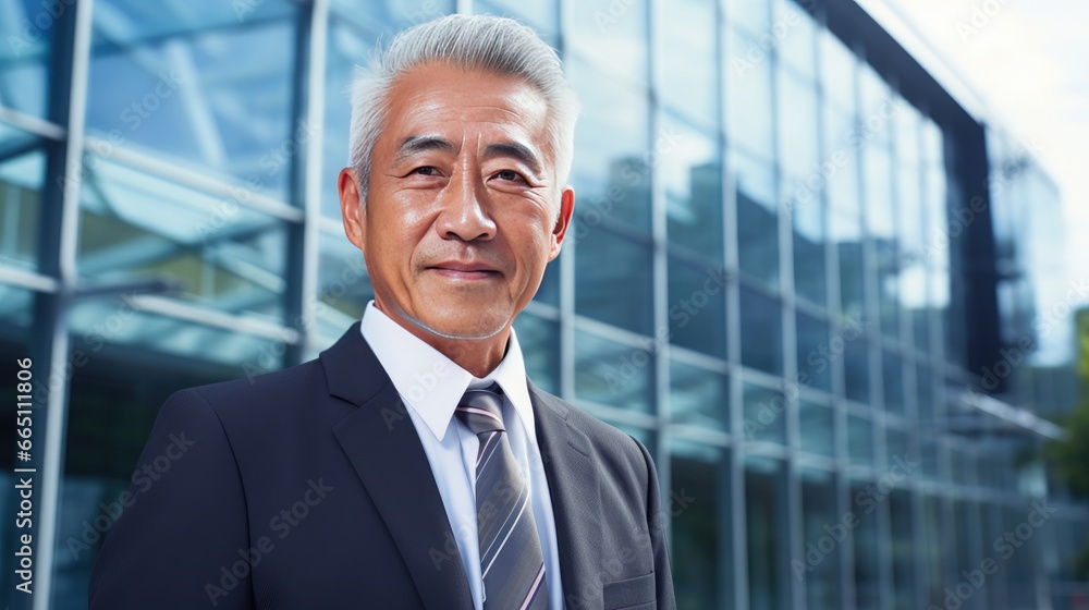 Portrait of a senior Asian businessman in front of a modern corporate glass building Portrait of a senior Asian businessman in front of a modern corporate glass building