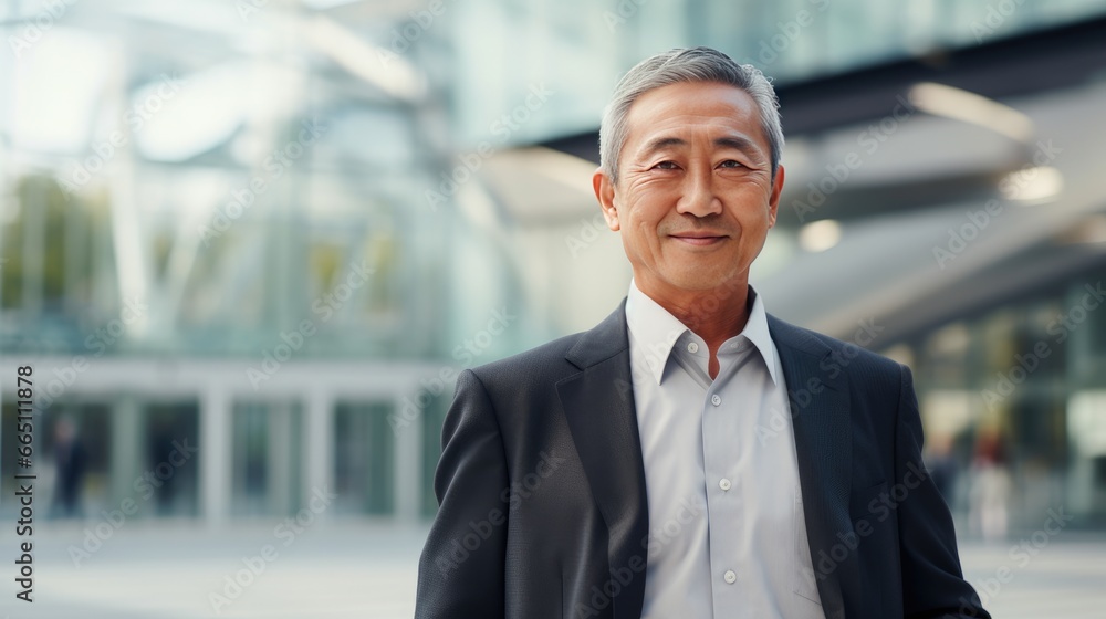 Portrait of a senior Asian businessman in front of a modern corporate glass building Portrait of a senior Asian businessman in front of a modern corporate glass building