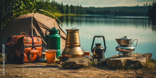 Tent by the lake and cooking on a gas stove in nature. digital AI