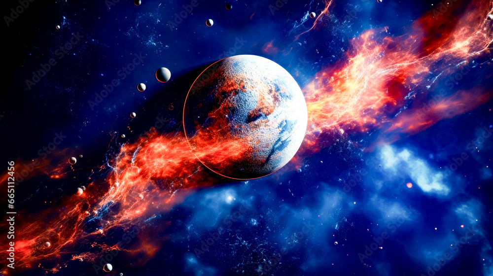 Artist's rendering of planet in space with fireball in the foreground. Artist's rendering of planet in space with fireball in the foreground.