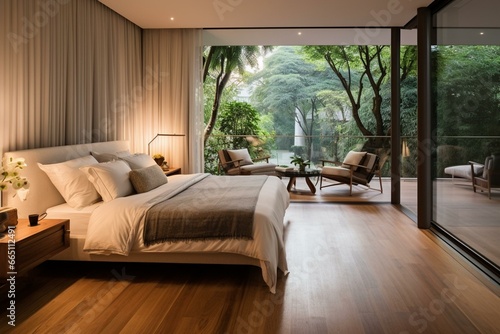 Contemporary bedroom with garden view and wooden floors. Room features open doors, overlooking a terrace and spacious garden. Generative AI © Rosamund