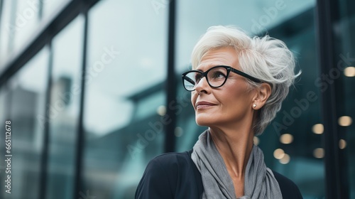 Portrait of a mid adult businesswoman in front of a modern glass building