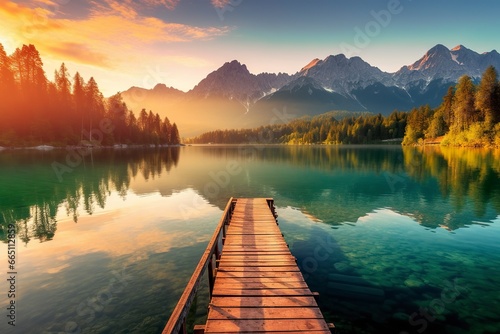 Impressive summer sunrise on Eibsee Lake with Zugspitze mountain range.