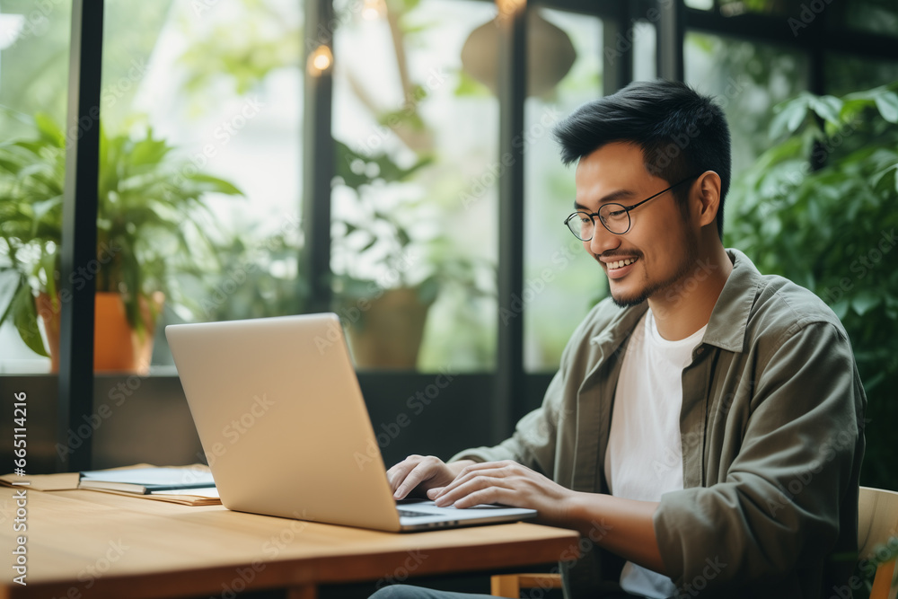 Business Asian man in casual wear laptop while working on laptop at home office. Young man freelancer online working, telecommuting. Business Asian man in casual wear laptop while working on laptop at home office. Young man freelancer online working, telecommuting.