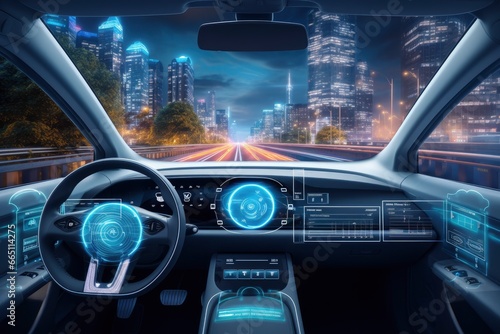 Modern smart car technology intelligent system using Heads up display (HUD) Autonomous self driving mode vehicle on city road with graphic sensor radar signal system intelligent car. © Emran