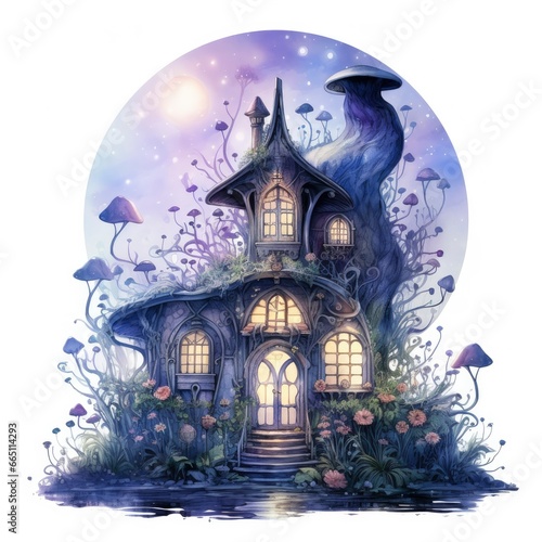Moonlight dark themed night elf fairytale fantasy fairy house. © Emran