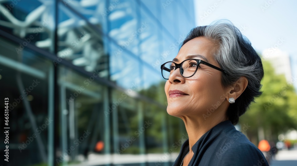 Portrait of a mid adult Mexican businesswoman in front of a modern corporate glass building Portrait of a mid adult Mexican businesswoman in front of a modern corporate glass building