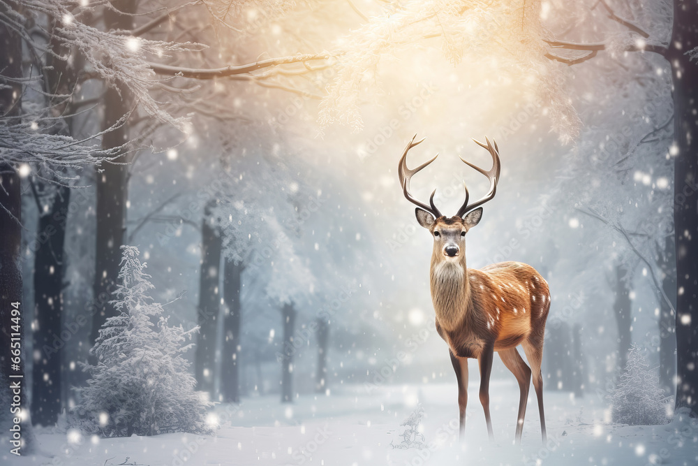 Christmas greeting card with beautiful deer in magical snowy forest Christmas greeting card with beautiful deer in magical snowy forest