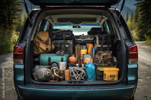 Wallpaper Mural Open car trunk with suitcases and things, outdoor recreation, camping, travel concept Torontodigital.ca
