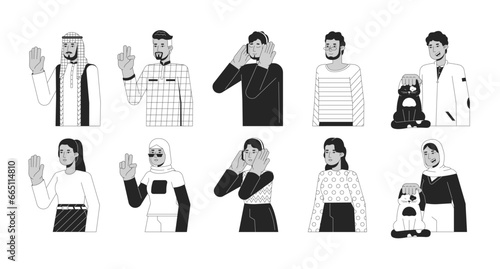 Arabian middle eastern black and white 2D line cartoon characters set. Turkish woman  saudi man isolated vector outline people. Hijab ladies. Modern muslim monochromatic flat spot illustration bundle