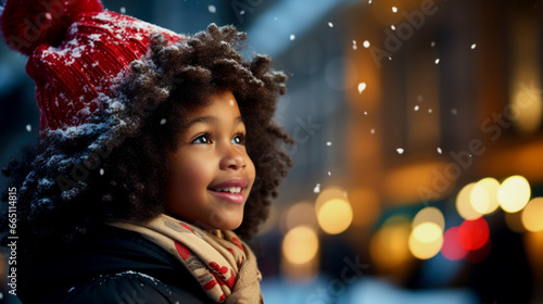 Fototapeta Naklejka Na Ścianę i Meble -  African American little girl walks the streets in anticipation of the New Year holiday. Ai generated