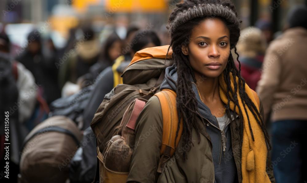 Generative AI illustration portrait of black young woman looking at camera surrounded surrounded by people symbolizing a journey or migration Generative AI illustration portrait of black young woman looking at camera surrounded surrounded by people symbolizing a journey or migration