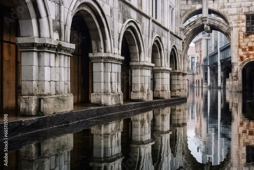 Reflection of stone arched windows in water with cityscape background. Generative AI