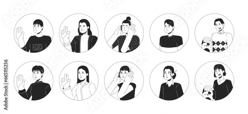 Casual asians black and white 2D vector avatars illustration set. Japanese, korean adult women, men outline cartoon character faces isolated. Chill out, petting cat flat user profile image collection