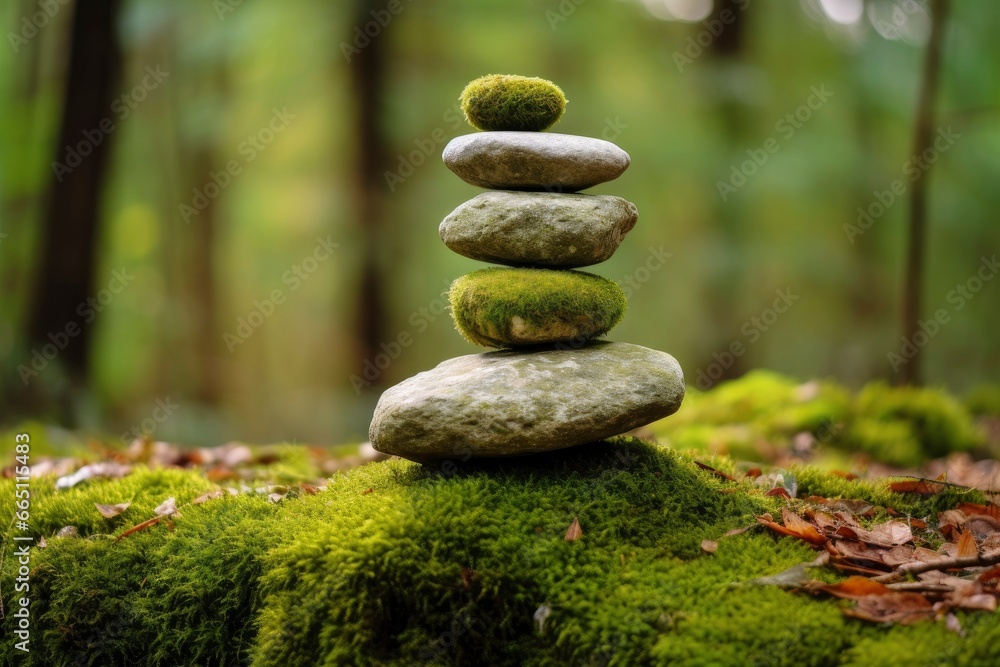 Pyramid stones balance on old mossy fallen tree. Pyramid stones balance on old mossy fallen tree.