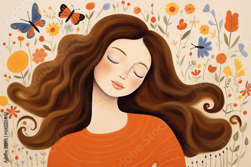 Generative AI image of a woman with wavy hair amidst butterflies photo