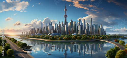 Cityscape  City Skyline  Reflection  Urban Landscape  Waterfront  reflection in the lake. AI Generative