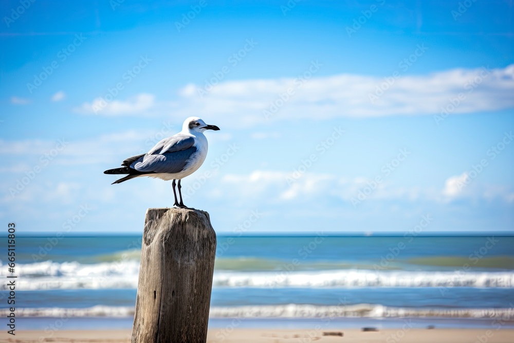 Seagull on the beach under blue sky. AI Generated Seagull on the beach under blue sky. AI Generated