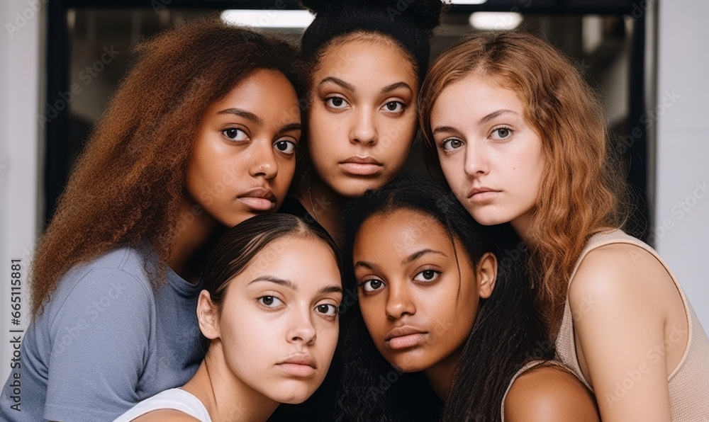 Multiracial Friendship: Young Women Standing Close, Looking at Camera