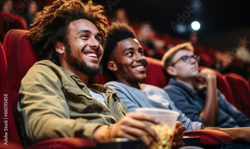 Inclusive Entertainment: Gay Individuals Enjoying a Movie and Popcorn