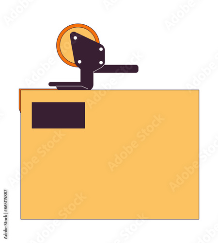 Packing tape gun wrapping cardboard box 2D linear cartoon object. Packaging tape dispenser insulating parcel isolated line vector element white background. Packing process color flat spot illustration