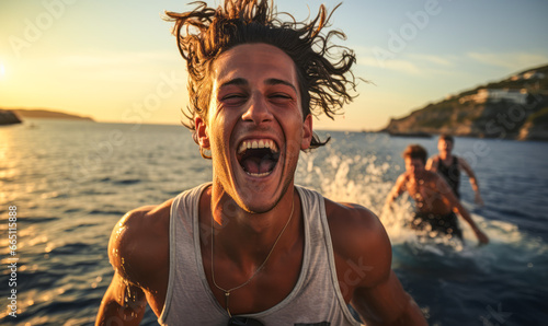 Happy Young Men Taking the Plunge into the Sea © Bartek