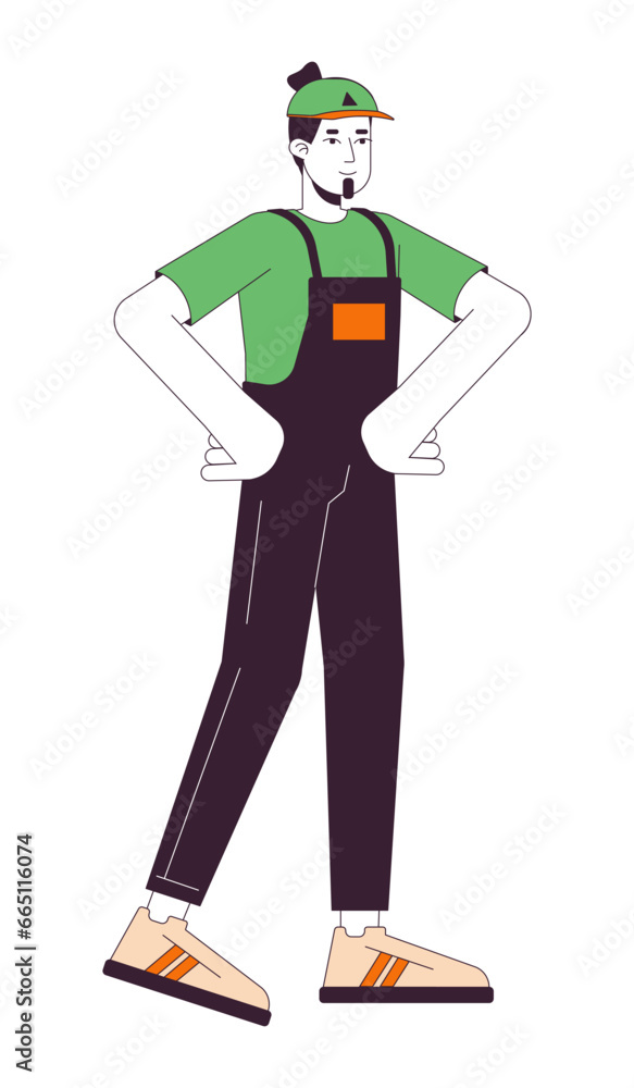 Caucasian man house mover in overalls 2D linear cartoon character. European male handyman in power pose isolated line vector person white background. Determined guy color flat spot illustration