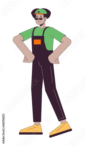 Confident standing delivery man hispanic 2D linear cartoon character. Latinamerican male professional packer isolated line vector person white background. Moving company color flat spot illustration