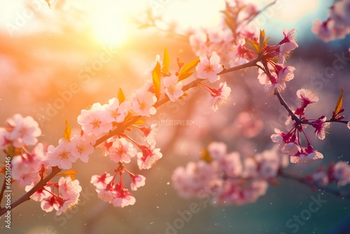 Spring blossom background. Nature scene with blooming tree and sun flare. © Emran