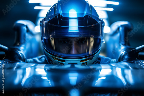 Focused driver in helmet under blue illumination photo