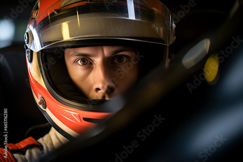 Intense gaze of race car driver in helmet photo
