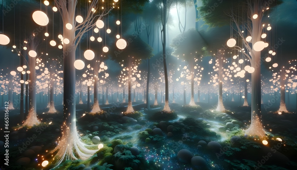 A magic forest containing trees decorated with glowing orbs