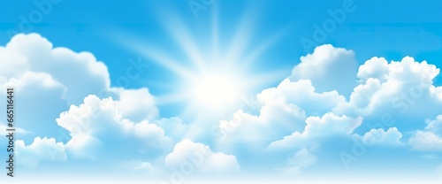 Sunny background, blue sky with white clouds and sun. © Emran