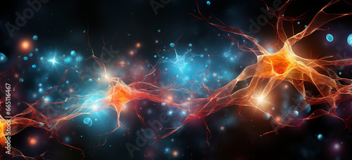 vibrant 3D Illustration of the Biochemical Process of Nerve Impulses neurons inside human brain, brain nervous system at work . AI Generative