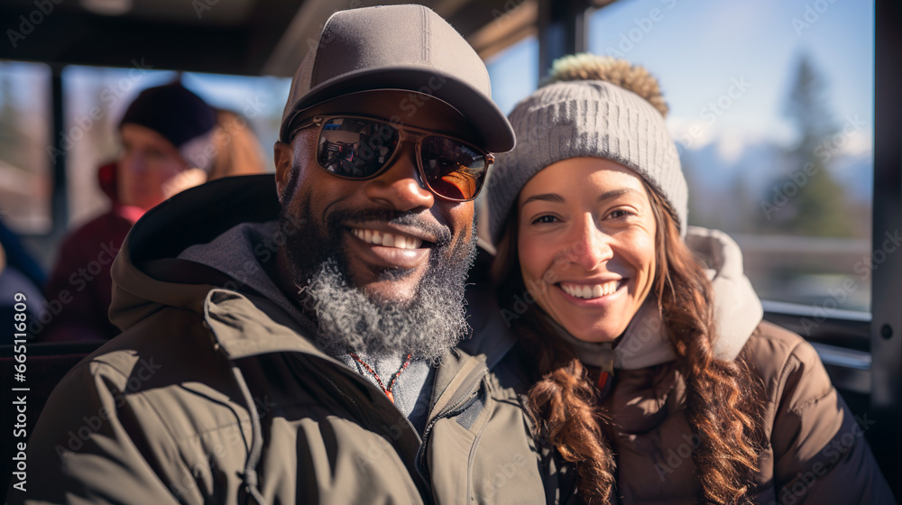 Generative AI illustration of smiling multiracial couple inside vehicle dressed in winter sportswear with a scenic snowy landscape outside the window Generative AI illustration of smiling multiracial couple inside vehicle dressed in winter sportswear with a scenic snowy landscape outside the window