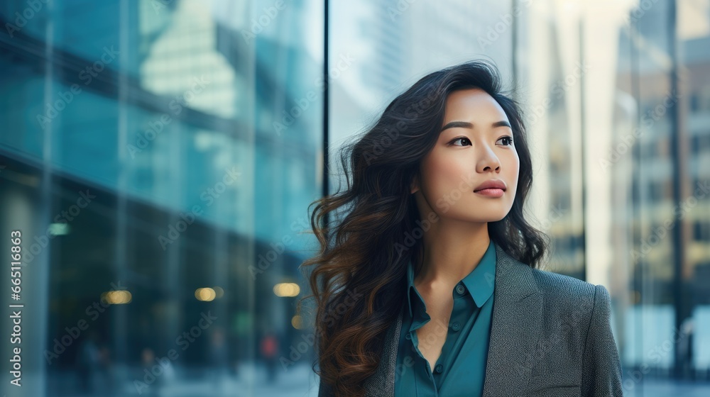 Portrait of a young Asian businesswoman in front of a modern corporate glass building Portrait of a young Asian businesswoman in front of a modern corporate glass building