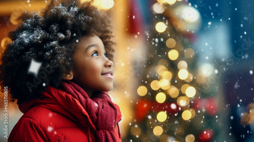 African American little girl walks the streets in anticipation of the New Year holiday. Ai generated