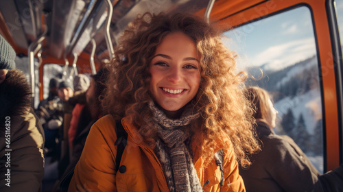 Generative AI illustration of smiling young woman inside a vehicle dressed in winter sportswear with a scenic snowy landscape outside the window