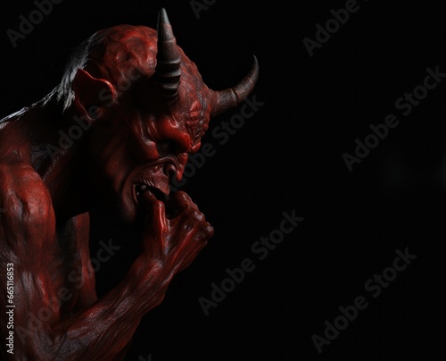 Sad demon. Red devil, demon, Satan, belzebu. Black background. Sharp horns. Halloween concept. Hell, evil, bad. Profile side view. thinking, pensive mood. Hand on his chin. disfigured body and face.  photo