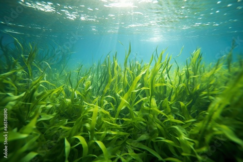 Underwater view of a group of seabed with green seagrass. © Emran