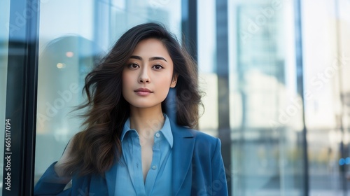 Portrait of a young Asian businesswoman in front of a modern corporate glass building