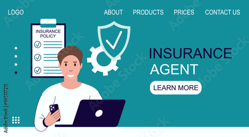 Insurance agent, presenting services, concluding an agreement with clients. Protection, healthcare, client, protection, landing page vector flat illustration.